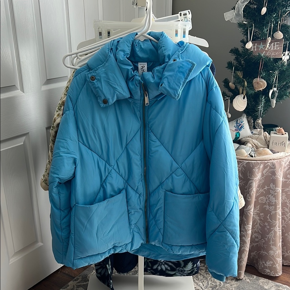Free People Puffa Blue Jacket with Hood